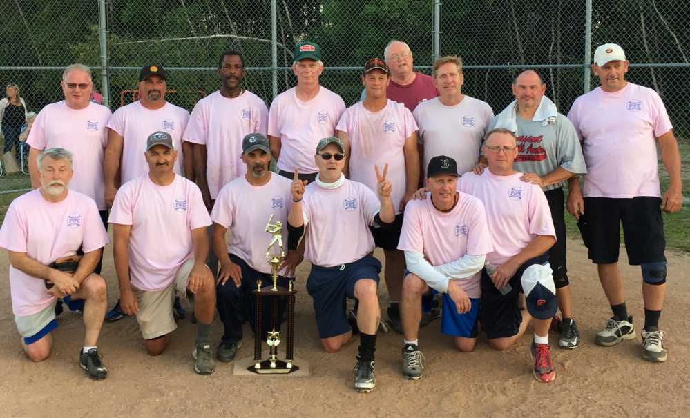 Portland Plastic Pipe won the Greater Portland Senior Men's Softball League championship, beating Pleasantdale 8-6 in the championship game. Team members, from left to right (front row): Bobby Collins, Dan Sullivan, Randy Aspiras, Frank McLaughlin, Don Brown and Dave Sinclair; (second row) Jimmy Nugent, Buddy Lakin, Paul Samms, Jesse Shannon, Jimmy Jackson, Denny Lacombe, Steve Fitzgerald and Wayne Shaw; (back row) Coach John Gildard.