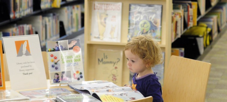 Mari Voorhies looks at books in the children's room Saturday at the reopened Lithgow Public Library in Augusta.