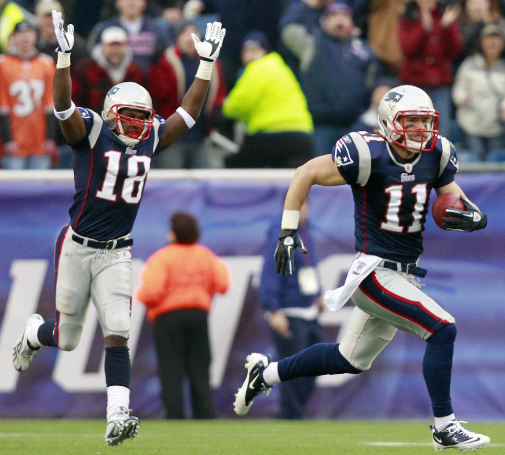 Scene like this – where Matthew Slater, left, celebrates as Julian Edelman returns a kickoff for a TD – could be seen a lot less as the NFL tweaks rules for the special teams play. Five years ago, the league moved kickoffs up to the 35-yard line in an effort to increase touchdowns. This year, a touchback will put the ball on the 25.
