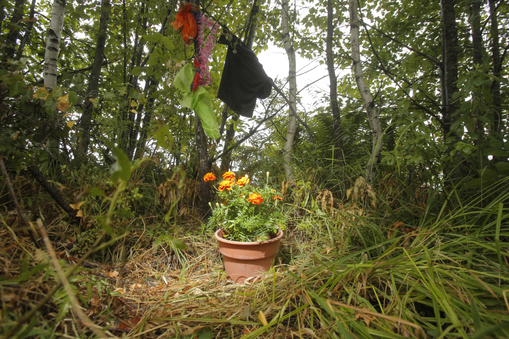 A makeshift memorial marks the North Dexter Road spot in Parkman where Pamela Burns and Russ Silva died in a car crash July 30. Piscataquis County Chief Deputy Bob Young had to break the news of their deaths to next of kin.