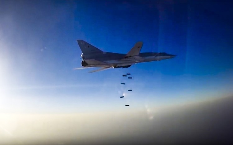 A Russian long-range bomber Tu-22M3 executes an air strike over the Aleppo region of Syria on Tuesday. Until now, Russia's long-range bombers launched from Russian territory more than 1,200 miles away. Now they need fly only about 400 miles from Iran to Syria.