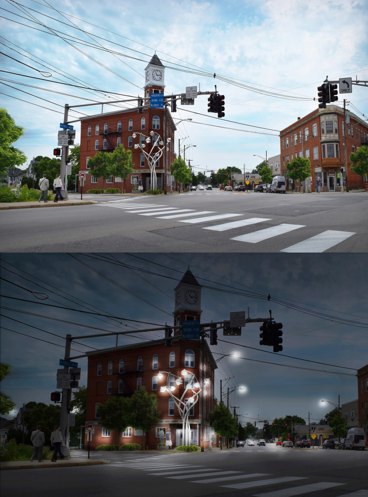 Preliminary concept #1 for a streetlight sculpture at Woodfords Corner. This was favored  by most of those attending a public hearing Tuesday.
