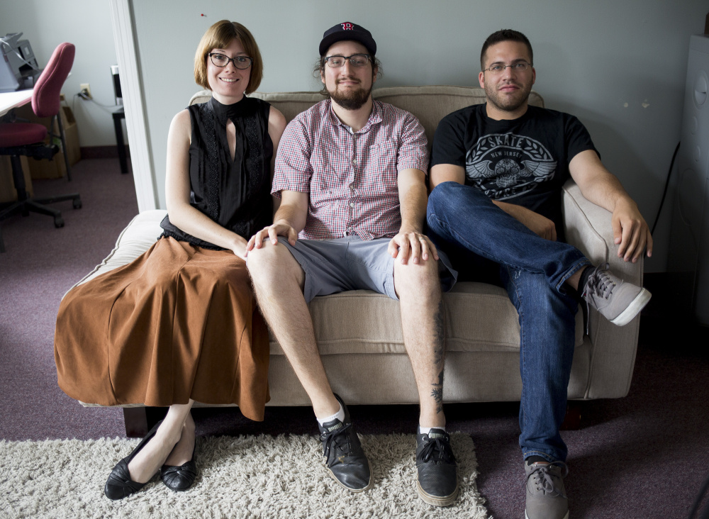 Verity DeLong, left, general manager; Cody DeLong, CEO, and Keagan Ilvonen, assistant/customer service representative, pose at the office of VIP concert packager Sound Rink in Portland. The company reported revenue growth of over 1,700 percent from 2013 to 2015.