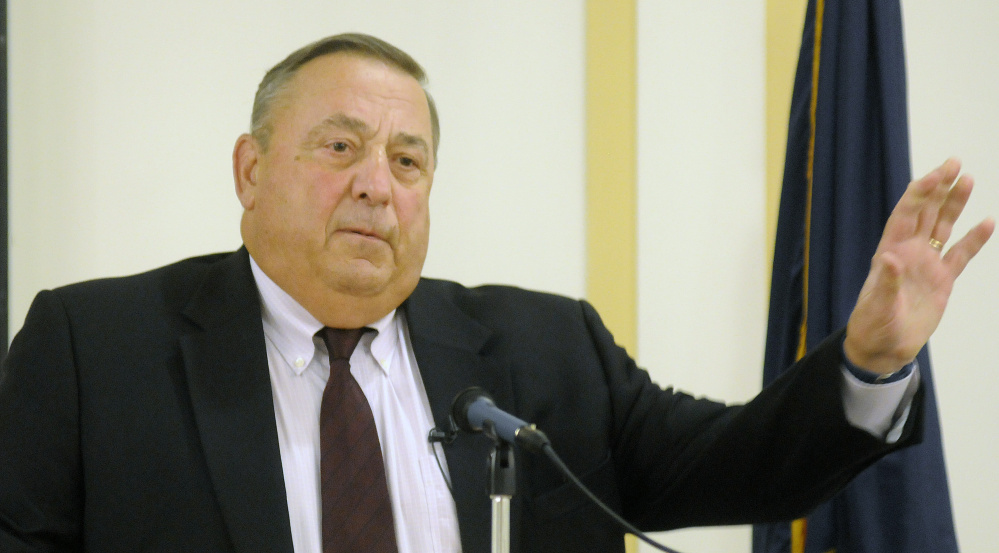 Gov. Paul LePage tells a Kennbec Valley Chamber of Commerce breakfast in Augusta on Wednesday that he plans to introduce measures to lower income taxes and raise sales taxes.