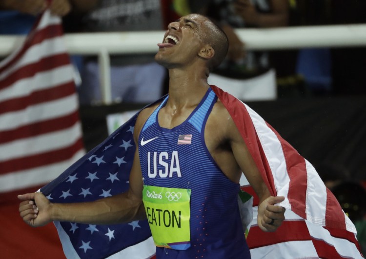 United States' Ashton Eaton celebrates winning the gold medal in the decathlon in Rio de Janeiro, Brazil, on Thursday.