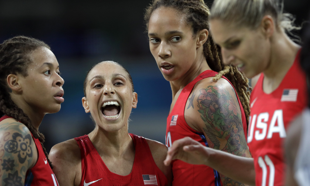 United States' Diana Taurasi, center, talks with teammates during a women's semifinal basketball game against France at the 2016 Summer Olympics in Rio de Janeiro, Brazil, on Thursday.