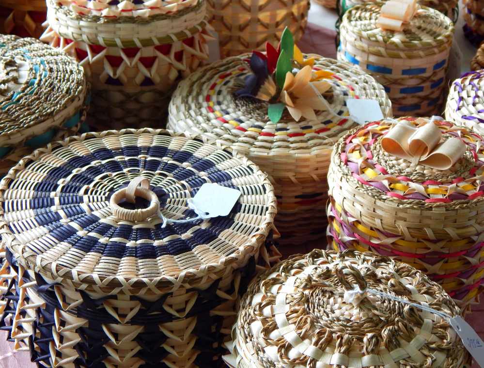 Traditional Passamaquoddy fancy baskets are among the crafts available Saturday at the Maine Native American Summer Market at Sabbathday Lake Shaker Village.