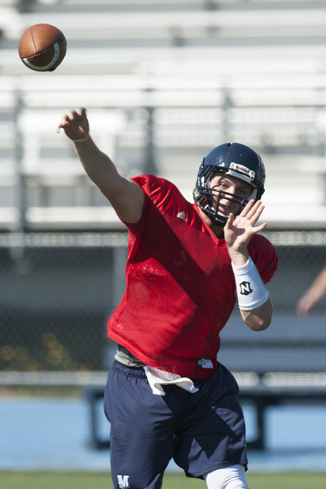 Quarterback Dan Collins, seen Aug. 8 during UMaine's first practice of the 2016 season, has been named Maine's starting quarterback for the third straight year.