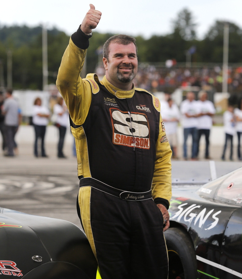 Johnny Clark of Hallowell gives the thumbs up to fans before the 2014 Oxford 250. Clark is still searching for his first victory in the race.