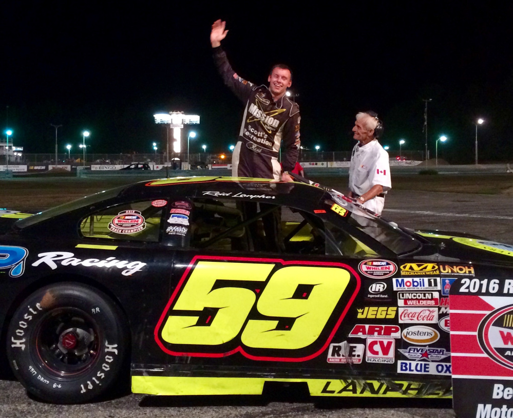 Contributed photo 
 Reid Lanpher celebrates his win at Beech Ridge Motor Speedway last month. The Manchester driver finished 2nd in the Oxford 250 a year ago.