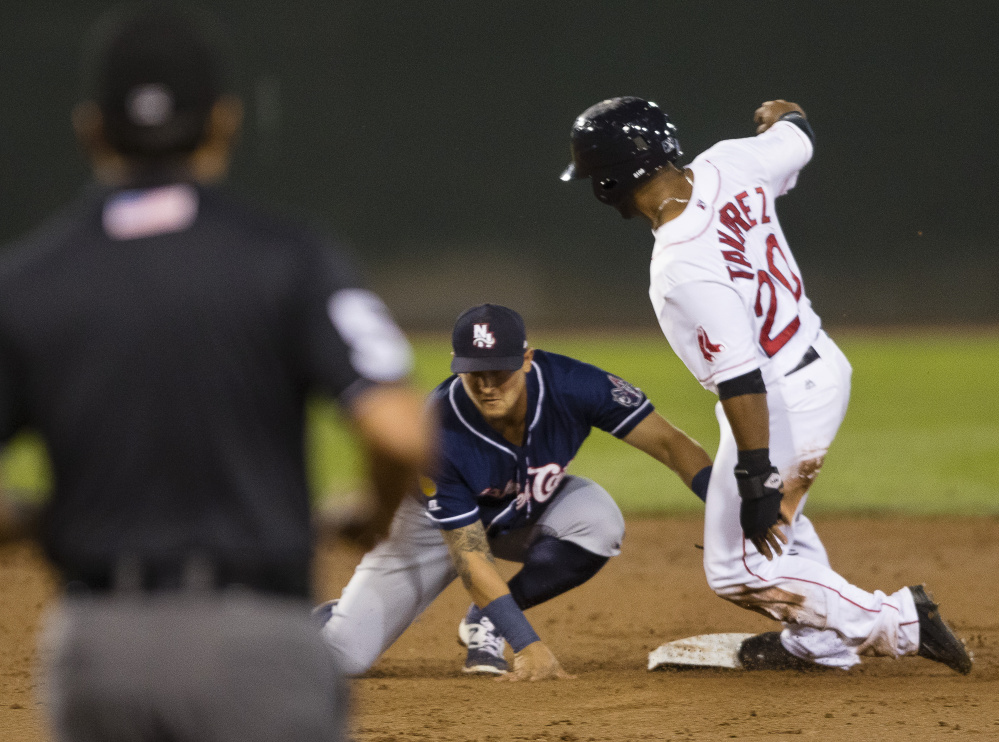 PORTLAND, ME - AUGUST 23: Portland Sea Dogs baserunner Aneury Tavarez gets into second safely as take New Hampshire Fisher Cats Christian Lopes is late with the tag during AA baseball action at Hadlock Field in Portland on August 23, 2016 . (Photo by Carl D. Walsh/Staff Photographer)