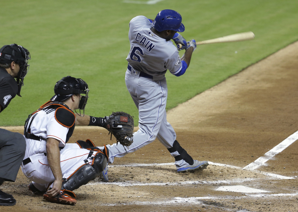 Lorenzo Cain of the Royals gets the first of his two hits Tuesday night in the fourth inning at Miami. Cain singled in the game's only run two innings later as Kansas City beat Miami, 1-0.