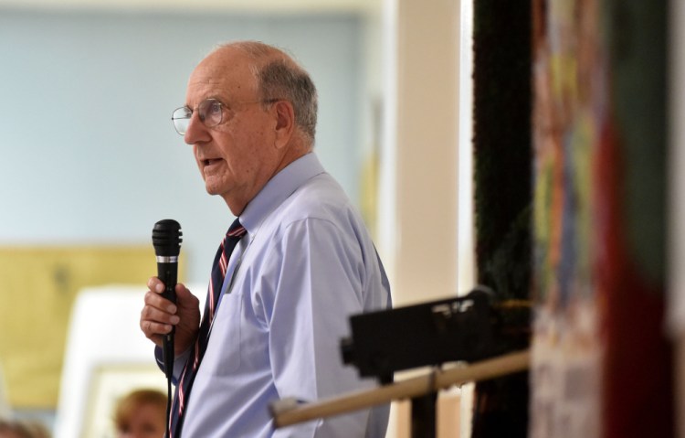 Former U.S. Sen. George Mitchell speaks of his childhood growing up in Waterville during an endowment fund dinner at his childhood church, St. Joseph's Maronite Church, in Waterville on Wednesday.