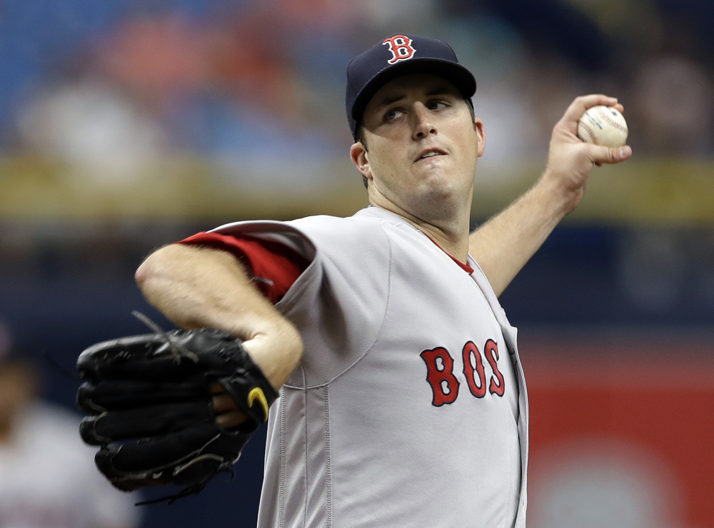 Boston pitcher Drew Pomeranz delivers during the first inning against the Tampa Bay Rays on Thursday in St. Petersburg, Fla. Pomerantz allowed two runs and struck out 11 in six innings, but didn't get enough help from the offense in a 2-1 loss.
