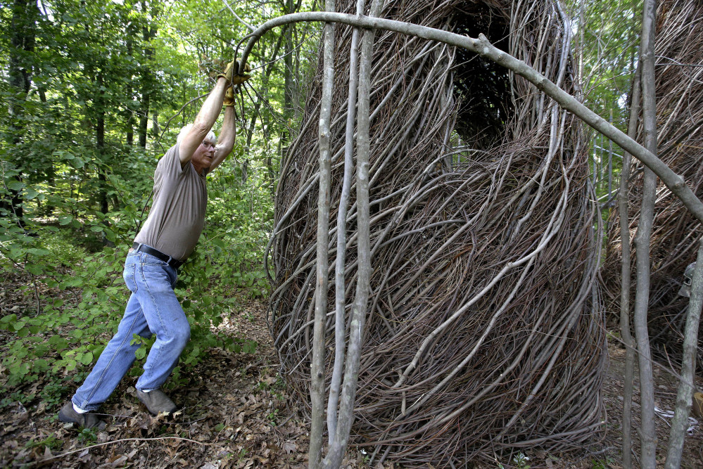 Sculptor Patrick Dougherty bends a sapling while constructing an installation from branches and sticks at Tower Hill Botanic Garden, in Boylston, Mass. "The Wild Rumpus" opens to the public on Thursday and will last a couple of years, depending on weather. A good sculpture "sparks all kinds of feelings about things in your own life," Dougherty says.