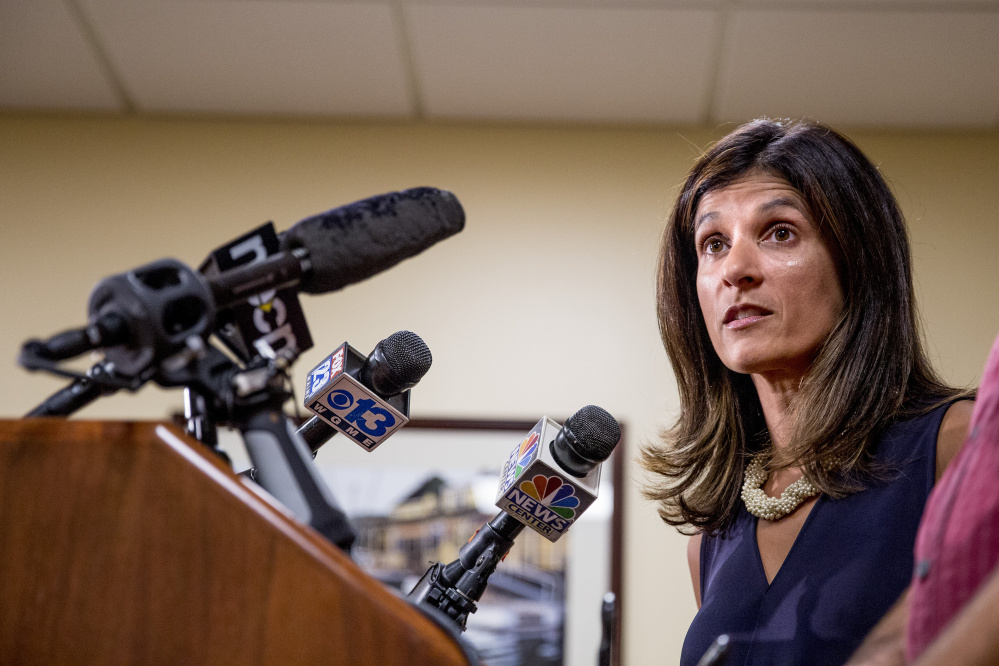 PORTLAND, ME - AUGUST 26: Rep. Sara Gideon of Freeport addresses the media at One City Center in Portland Friday, August 26, 2016 to respond to the obscenity-laced voicemail Gov. Paul LePage left for Rep. Drew Gattine of Westbrook on Thursday morning. (Photo by Gabe Souza/Staff Photographer)