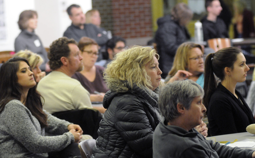 People attending a Jan. 11 forum about drugs listen to speakers at Cony High School in Augusta. A local health agency plans to host two more drug-related forums Monday and Tuesday in Gardiner and Augusta, respectively.