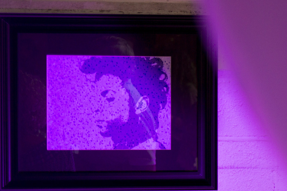 A picture of the late musician Prince, made using photos of Sam Koenigsberg's cancer cells, hangs on the wall at his party. Prince and the color purple have played a big part in Koenigsberg's life, especially since his diagnosis.