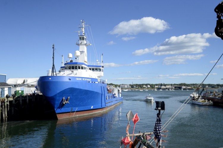 The Maine Responder spill cleanup vessel, docked Monday at Union Wharf in Portland, is capable of skimming and recovering 444,000 gallons of oil and water per day.