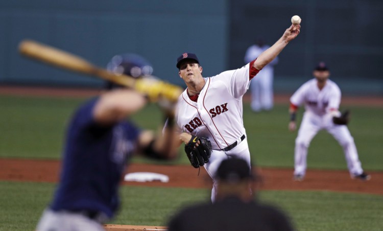 Boston Red Sox starting pitcher Drew Pomeranz delivers during the first inning of a 2016 baseball game against the Tampa Bay Rays at Fenway Park, 