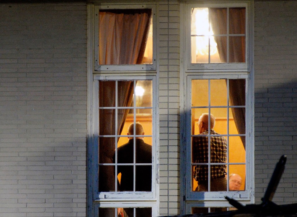 Maine House Republicans confer inside the Governor Hill Mansion on Tuesday night during a closed-door meeting on Gov. Paul LePage's racially charged comments and threat against a Democratic lawmaker. After the meeting, House Minority Leader Ken Fredette said it would be up to LePage to decide whether he wants to apologize to people of color.
Shawn Patrick Ouellette/Staff Photographer