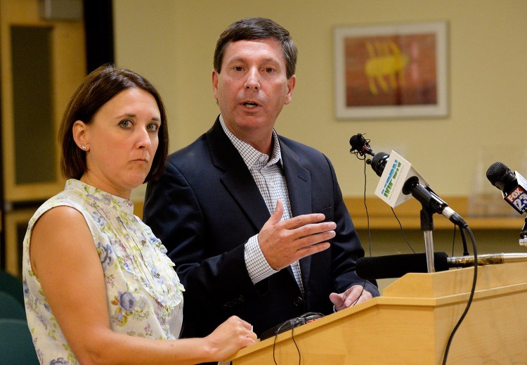 Reps. Ellie Espling of New Gloucester and Ken Fredette of Newport speak to the media Tuesday night after the House Republican caucus met privately to discuss the comments made recently by Gov. Paul LePage. Fredette said, "He needs to apologize and that needs to be sincere and that needs to be meaningful and he needs to understand in his heart that what he did was wrong."
Shawn Patrick Ouellette/Staff Photographer
