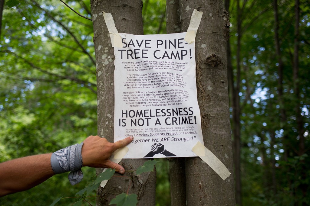 A Save Pine Tree Camp flier is posted prominently in the encampment on Aug. 18. Brianna Soukup/Staff Photographer