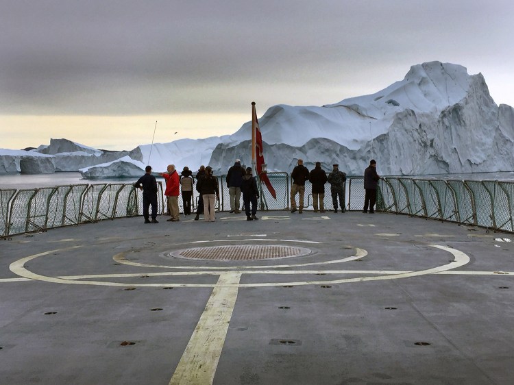 U.S. and Danish defense and meteorological delegations including Maine's Sen. Angus King survey an iceberg array off the western coast of Greenland in the summer of 2016.