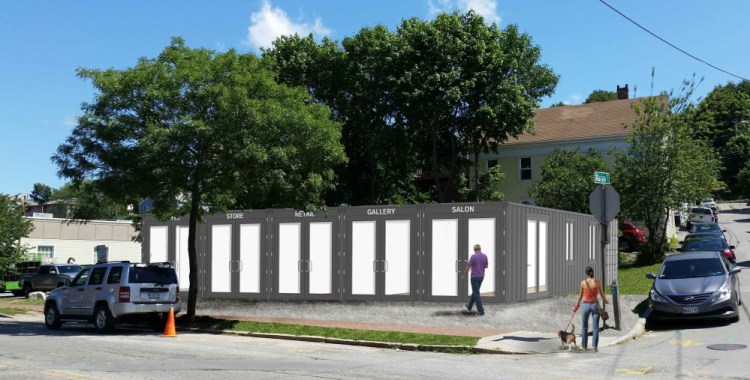 A rendering depicts the structure proposed for 93 Washington Ave. in Portland, combining six shipping containers into retail space and storage. If approved, it will be the first for-lease commercial space made of the metal receptacles in the city.