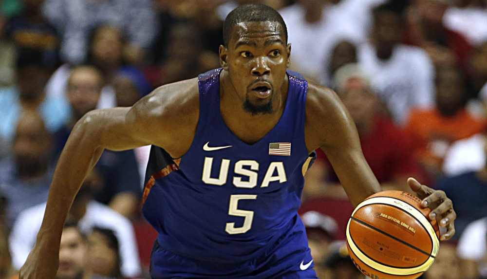 Kevin Durant brings the ball down the court Monday night during the final pre-Olympic exhibition for the United States. The U.S. wrapped up a hardly-tested schedule with a 110-66 victory against Nigeria at Houston.