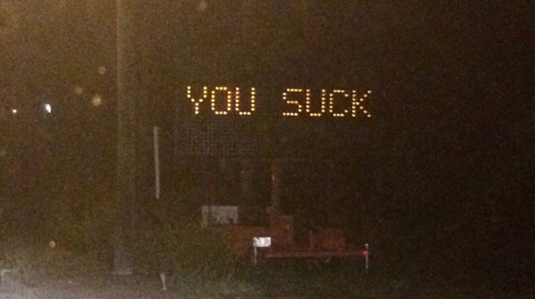 Someone changed this traffic sign in Portland to display a rude message. Photo by WCSH-TV