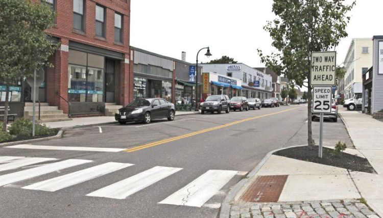 Ocean Street in South Portland, in its current, two-way configuration. View is from Legion Square toward D Street.