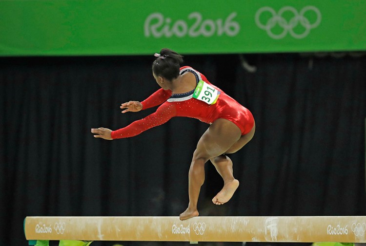 United States' Simone Biles stumbles during her performance on the balance beam in the women's apparatus final at the 2016 Summer Olympics Monday. Dmitri Lovetsky/Associated Press