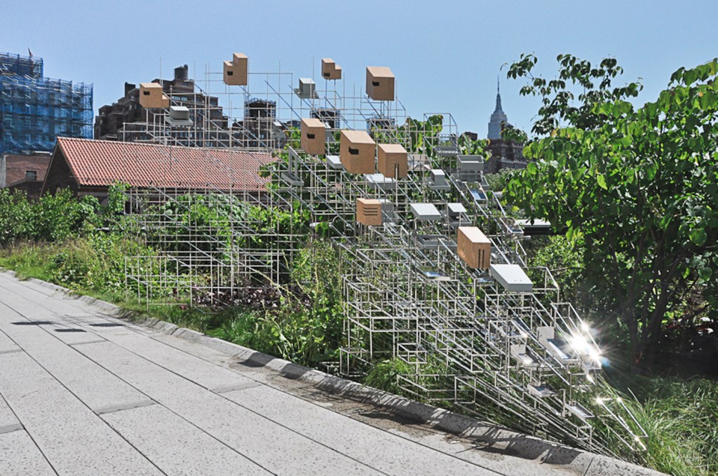Sarah Sze's "Still Life with Landscape" is installed on the High Line in New York City.