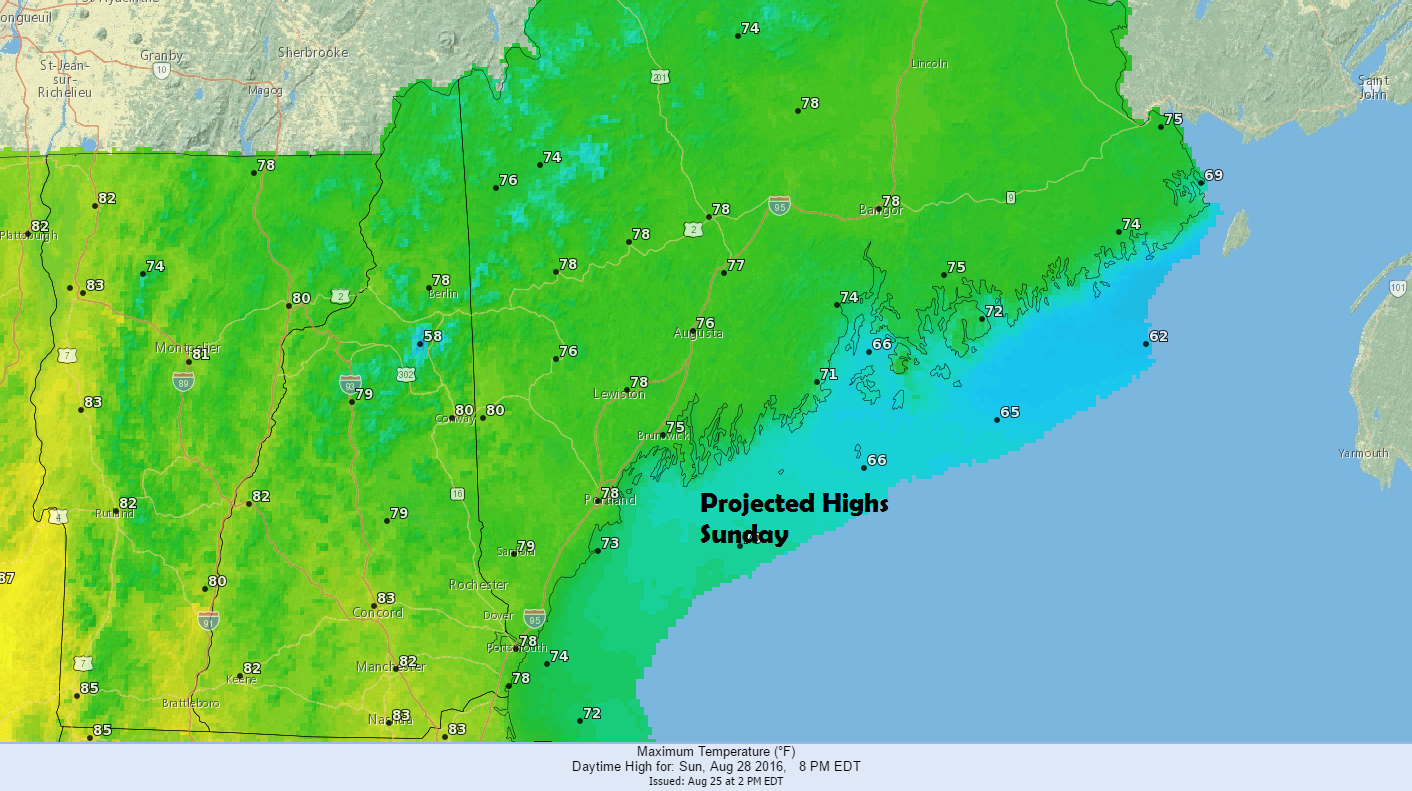 Similar temperatures Sunday with highs warmest inland