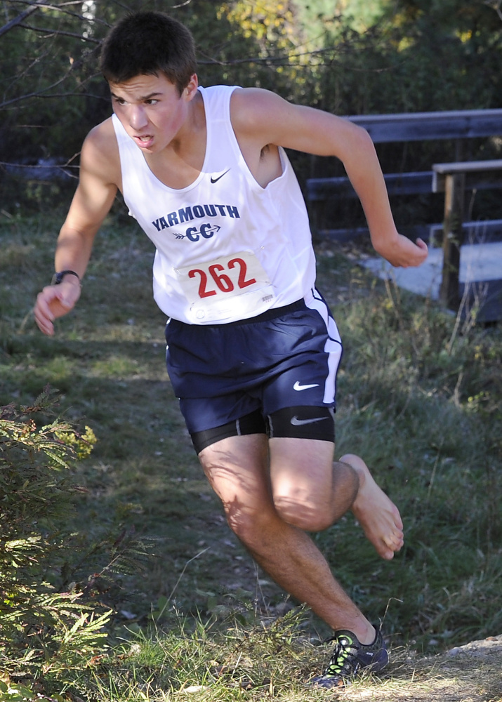 Yarmouth's Luke Laverdiere, even with one shoe missing, won his race at the Western Maine Conference championships last year.