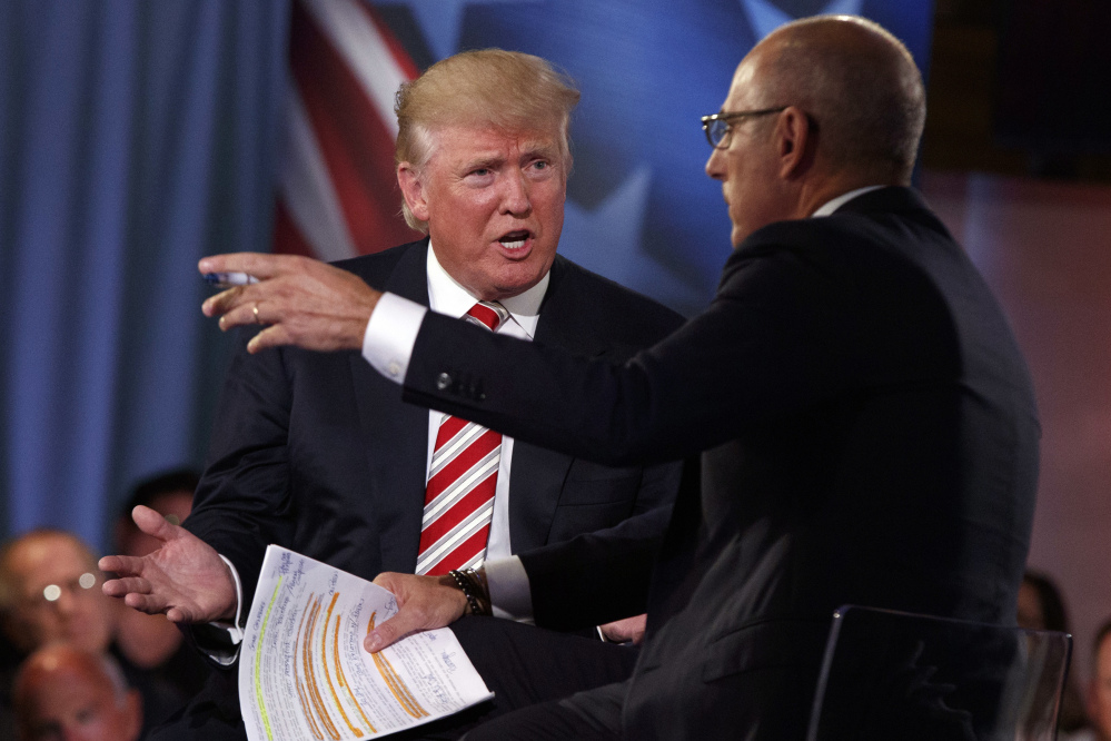 Donald Trump speaks with Matt Lauer during Wednesday night's NBC forum in New York. He said he privately has a plan for defeating the Islamic State but would not disclose the details.