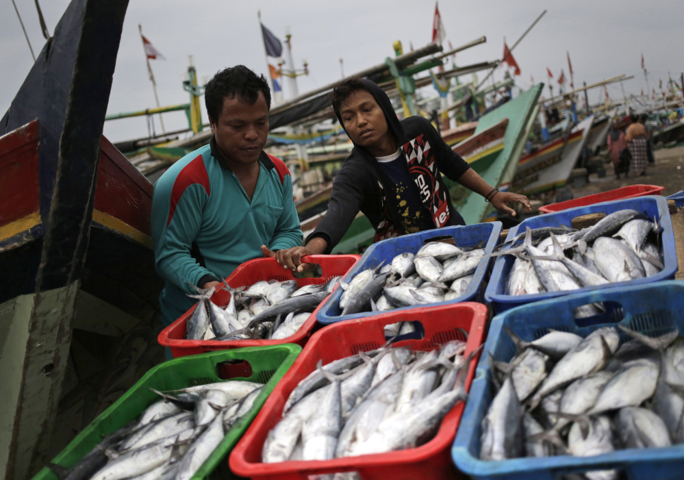 Fishermen unload their catch from boats at a port in Indonesia, where virtual slaves enable an entire industry. 