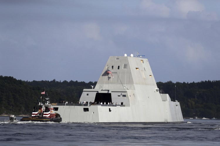 The Navy's Zumwalt destroyer heads down the Kennebec River on Sept. 9, 2016.  