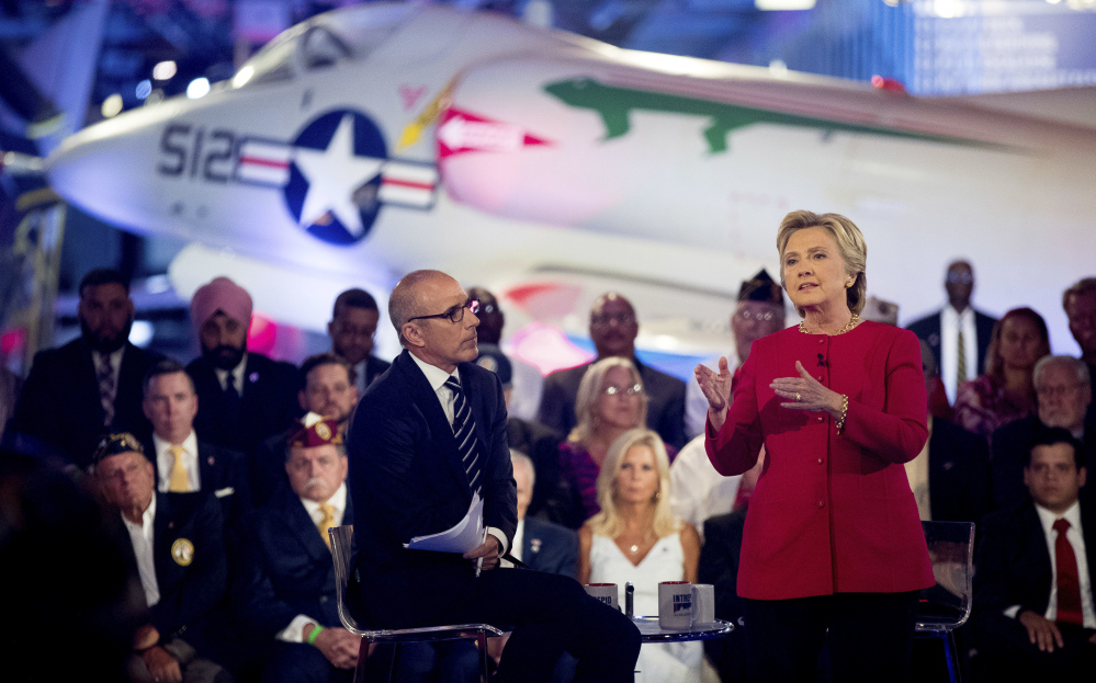 Hillary Clinton speaks at Wednesday's NBC Commander-In-Chief Forum held at the Intrepid Sea, Air and Space museum in New York. Topics including defense spending and intelligence gathering were ignored at the presidential forum in favor of questions on Clinton's correspondence.
