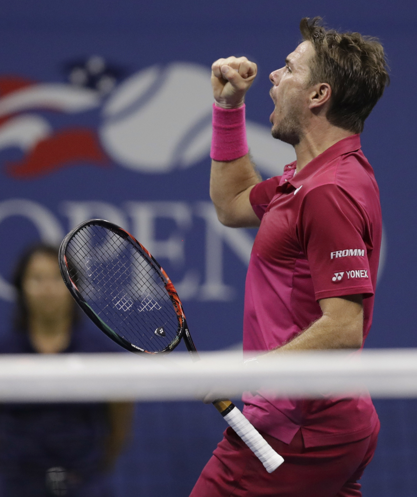 Stan Wawrinka reacts after winning the third set against Kei Nishikori in their semifinal match at the U.S. Open. Wawrinka has a 4-19 record against Novak Djokovic, his opponent in the final.