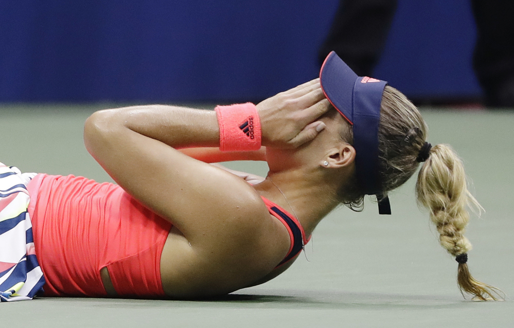 Angelique Kerber of Germany reacts after defeating Karolina Pliskova of the Czech Republic to win the women's singles final of the U.S. Open on Saturday, in New York.