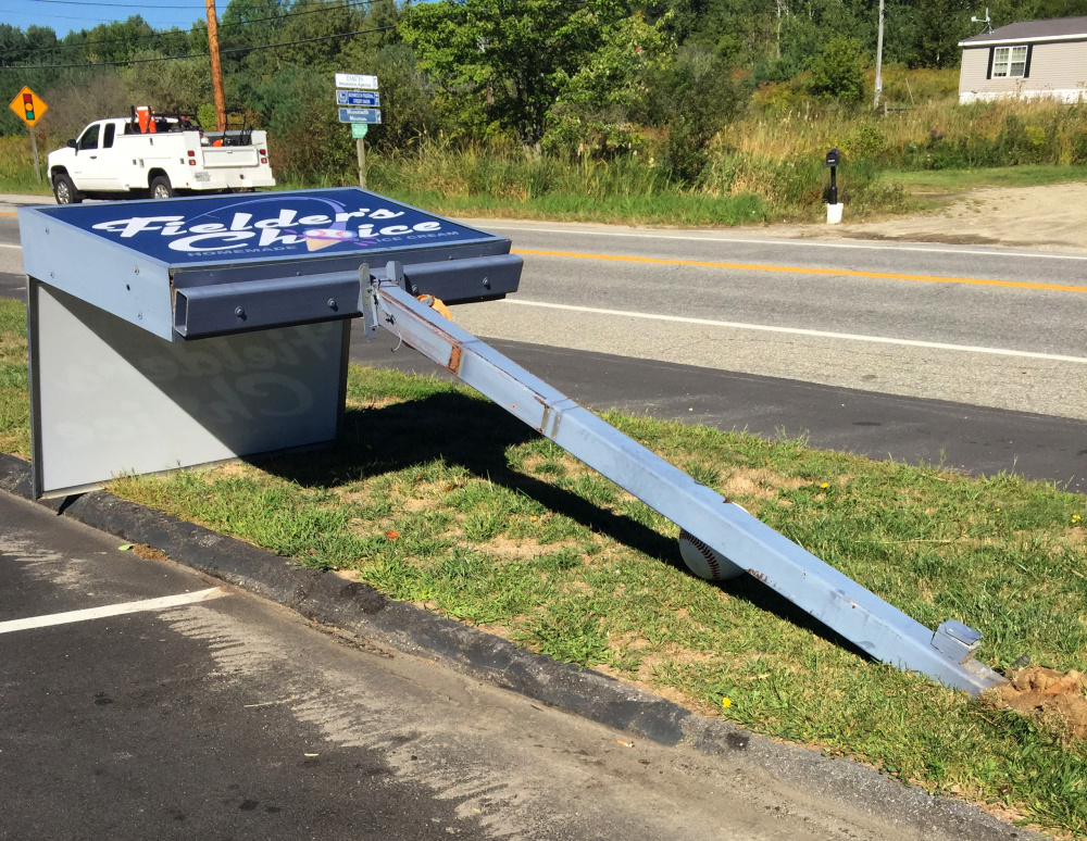 At Fielder's Choice ice cream parlor in Sabattus, the stolen front-end loader knocked down a 6-by-4-foot lighted sign on a three-quarter-inch thick steel post.
