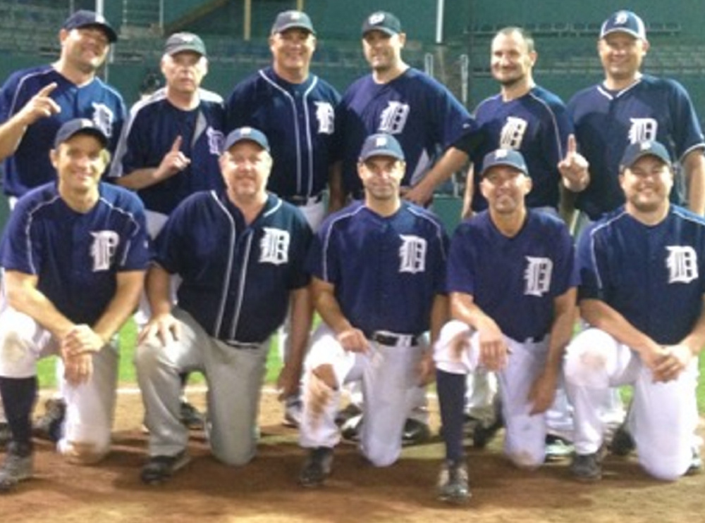The Tigers won the Southern Maine Men's Baseball League's 35-plus championship with a 6-5, 10-inning victory in the final game. Team members, from left to right: Front row – Pete Faris, Jay Villani, Brian Marden, Anthony Ragucci and Greg Frizzle; Back row – Mark Rand, Larry Murphy, Coach Jake Birks, Bird Carlson, Dan Michaud and Joel Chretien; Absent – John Carriero, Dean Gilbert amd Mike Fullerton.