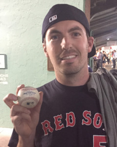 Rob Jordan holds the ball that David Ortiz hit out of the park Monday night to tie Mickey Mantle for 17th on major league baseball's all-time home run list. He caught the ball after it bounced once in the visitors' bullpen.