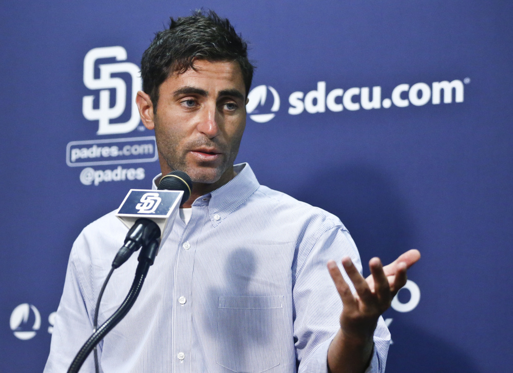 San Diego Padres General Manager A.J. Preller answers questions about the trading of all-star pitcher Drew Pomeranz to the Boston Red Sox on July 15.