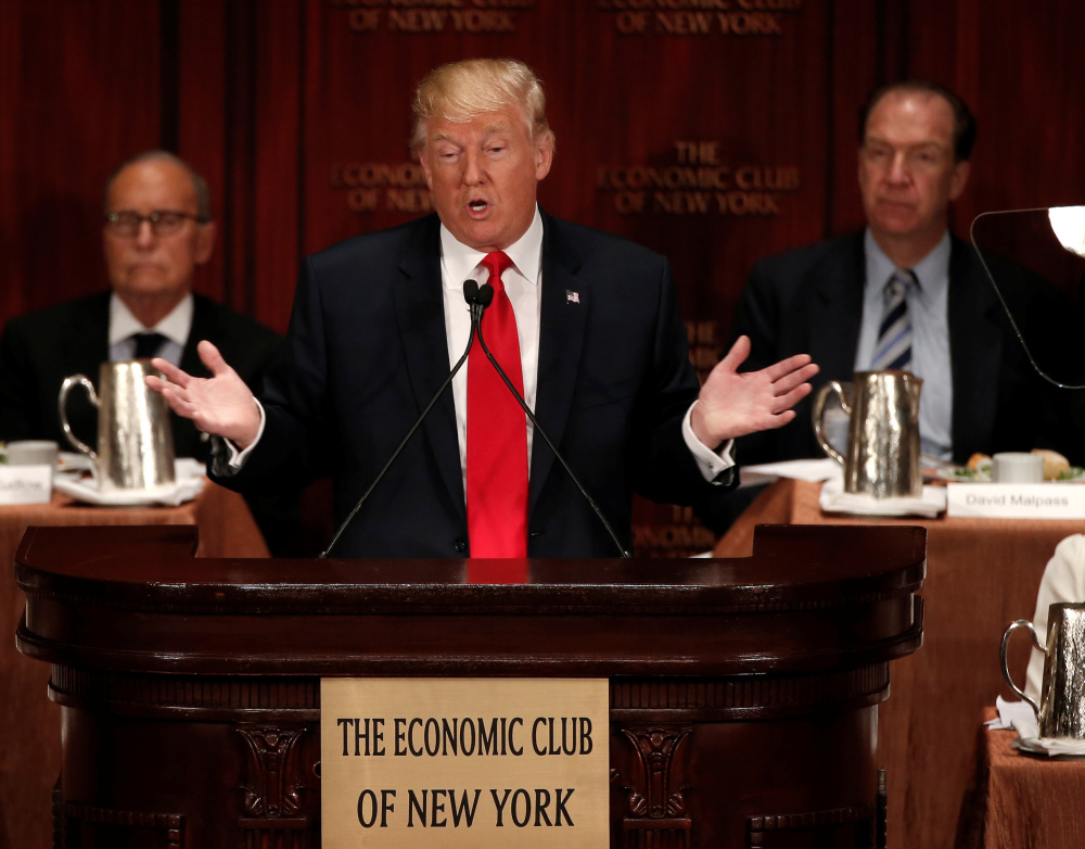 Donald Trump speaks to the Economic Club of New York Thursday after a stop in Ohio where he suggested he'll stick with his positions even as he tries to expand his outreach.