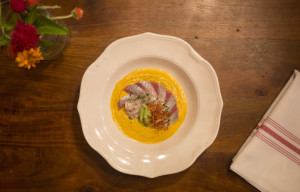 Carpaccio gazpacho, Maine yellowtail served in an Italian gazpacho with salted cucumbers and crispy onions. Brianna Soukup/Staff Photographer