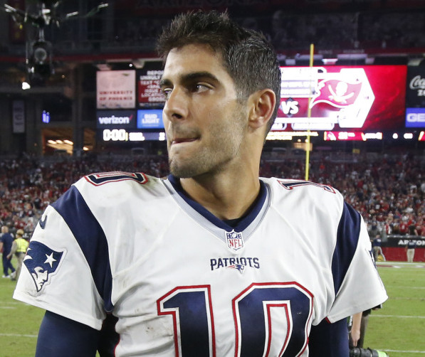 Patriots quarterback Jimmy Garoppolo passed for 264 yards last Sunday night in his first NFL start – a 23-21 win over the Arizona Cardinals.