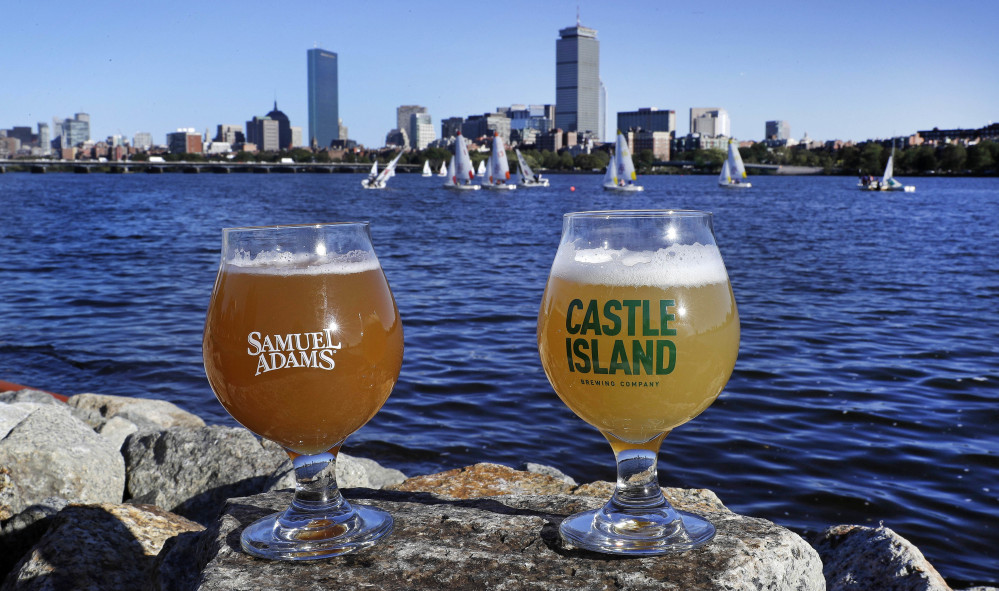 Two of the competitors in the first "Brew the Charles" challenge – Samuel Adams Boston Beer Co.'s "80-Miles of Helles," left, and Castle Island Brewing Co.'s dry-hopped cream ale "Chuck" – use the treated waters of the Charles River in the brewing process. Desalitech, a Massachusetts water treatment company, is sponsoring the contest.